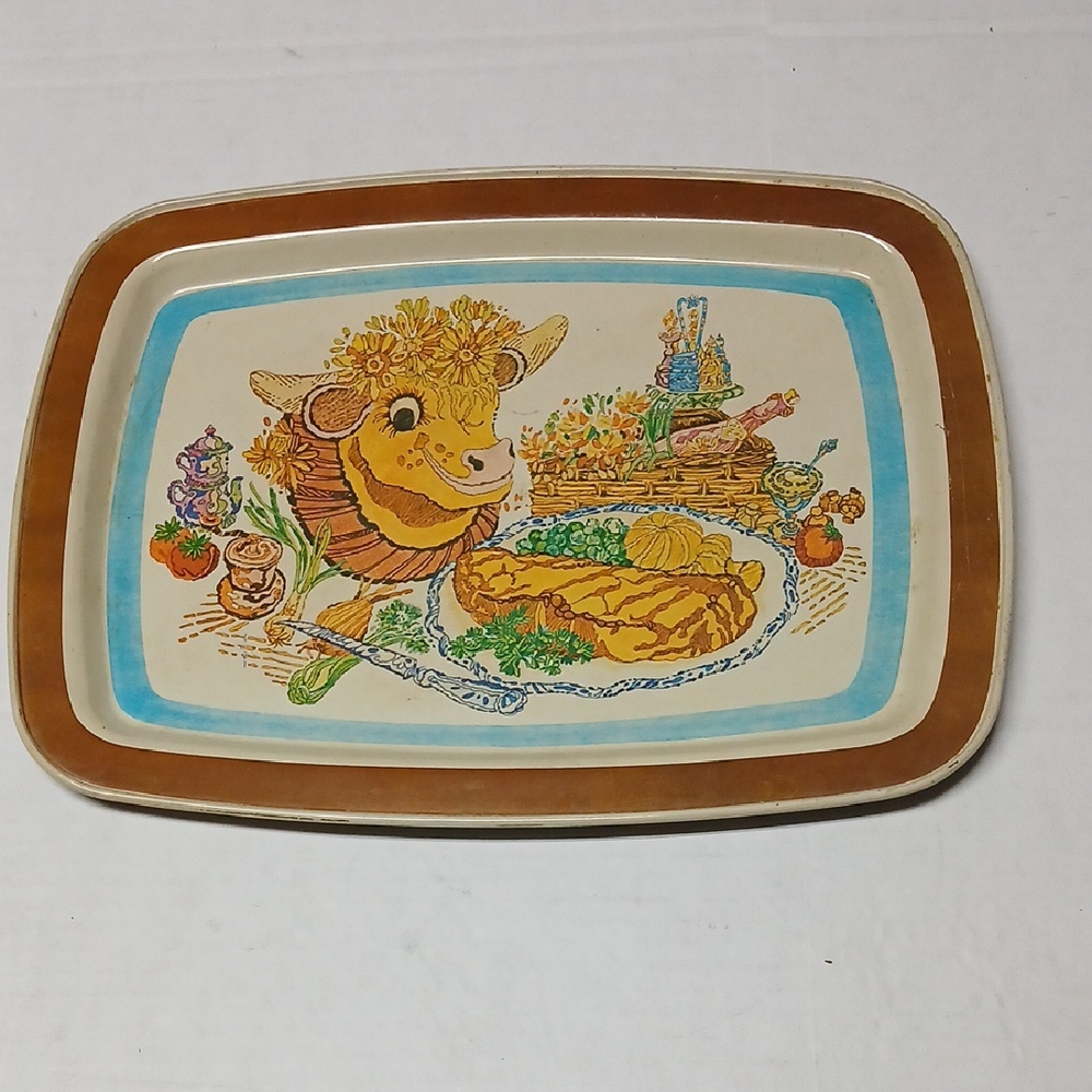 Vintage Farmhouse Country Metal Serving Tray Happy Cow w/ Flowers Boho Retro 70s